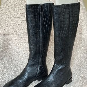 Bruno Magli - Leather - Black Croc Print, Flat- Knee High Boots. Size 8.